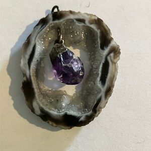 Raw Amethyst and Geode Pendant Necklace — Purple Crystal Accent